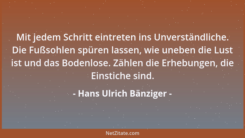 Hans Ulrich Bänziger - Mit jedem Schritt eintreten ins Unverständliche. Die Fußsohlen spüren lassen, wie uneben die Lust is...