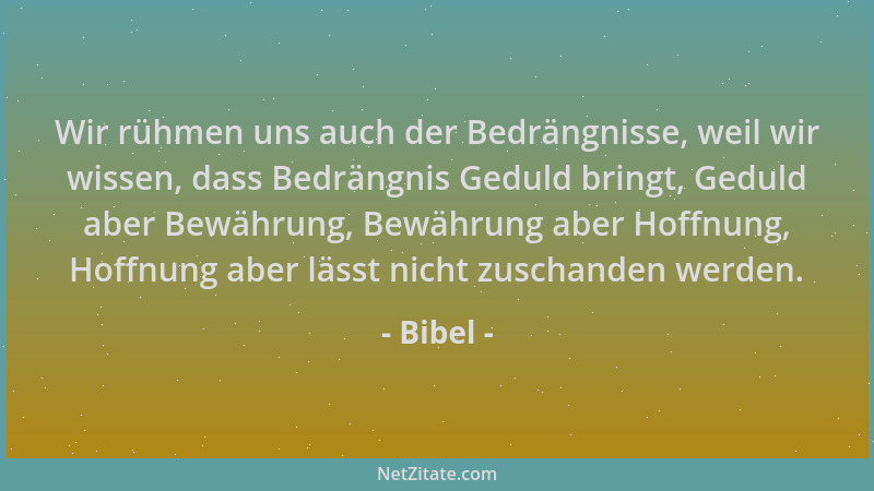 Bibel - Wir rühmen uns auch der Bedrängnisse, weil wir wissen, dass Bedrängnis Geduld bringt, Geduld aber Bewährung, Bewähr...