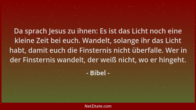 Bibel - Da sprach Jesus zu ihnen: Es ist das Licht noch eine kleine Zeit bei euch. Wandelt, solange ihr das Licht habt, dam...