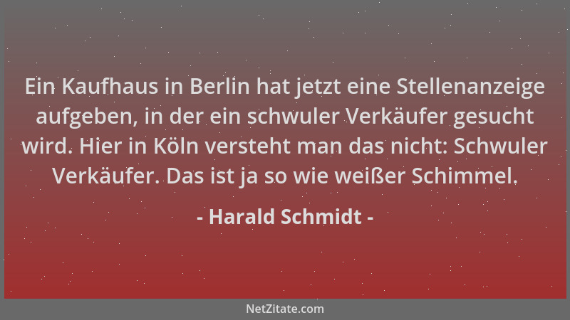 Harald Schmidt - Ein Kaufhaus in Berlin hat jetzt eine Stellenanzeige aufgeben, in der ein schwuler Verkäufer gesucht wird....