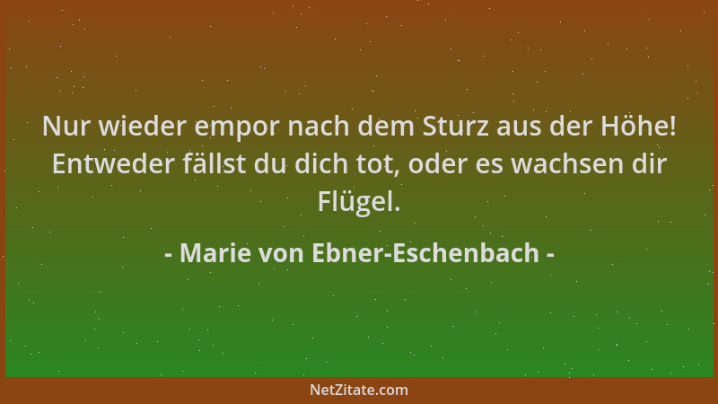 Marie von Ebner-Eschenbach - Nur wieder empor nach dem Sturz aus der Höhe! Entweder fällst du dich tot, oder es wachsen dir...