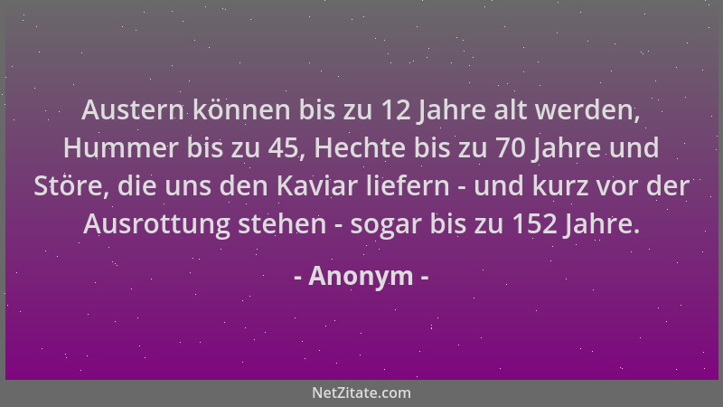 Anonym - Austern können bis zu 12 Jahre alt werden, Hummer bis zu 45, Hechte bis zu 70 Jahre und Störe, die uns den Kaviar...