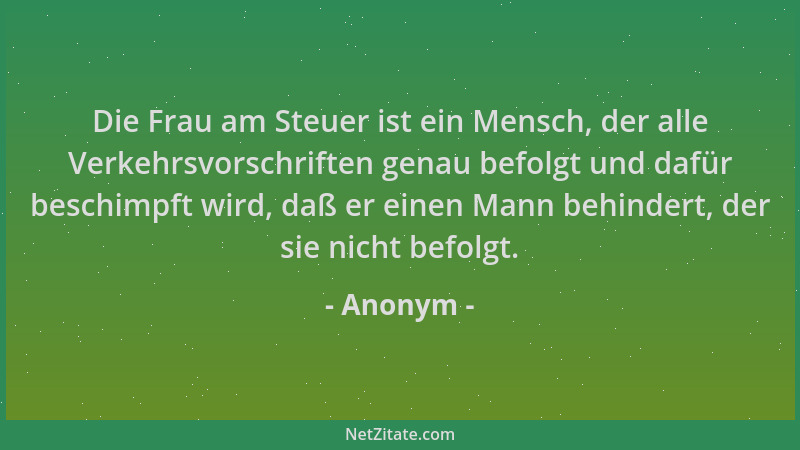 Anonym - Die Frau am Steuer ist ein Mensch, der alle Verkehrsvorschriften genau befolgt und dafür beschimpft wird, daß er e...