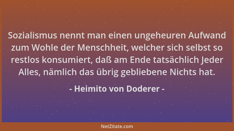 Heimito von Doderer - Sozialismus nennt man einen ungeheuren Aufwand zum Wohle der Menschheit, welcher sich selbst so restl...