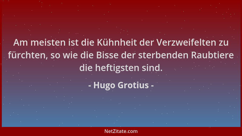 Hugo Grotius - Am meisten ist die Kühnheit der Verzweifelten zu fürchten, so wie die Bisse der sterbenden Raubtiere die hef...