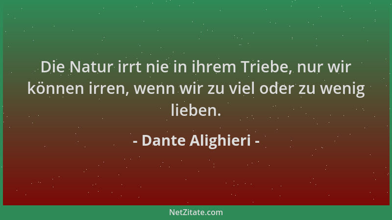 Dante Alighieri - Die Natur irrt nie in ihrem Triebe, nur wir können irren, wenn wir zu viel oder zu wenig lieben....