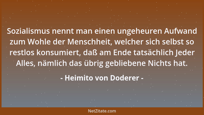 Heimito von Doderer - Sozialismus nennt man einen ungeheuren Aufwand zum Wohle der Menschheit, welcher sich selbst so restl...