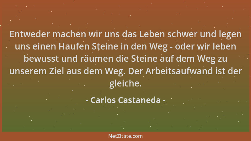 Carlos Castaneda - Entweder machen wir uns das Leben schwer und legen uns einen Haufen Steine in den Weg - oder wir leben b...