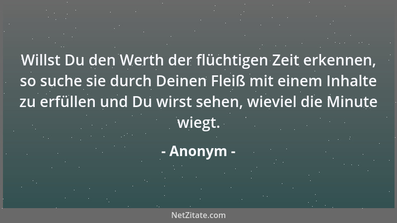Anonym - Willst Du den Werth der flüchtigen Zeit erkennen, so suche sie durch Deinen Fleiß mit einem Inhalte zu erfüllen un...
