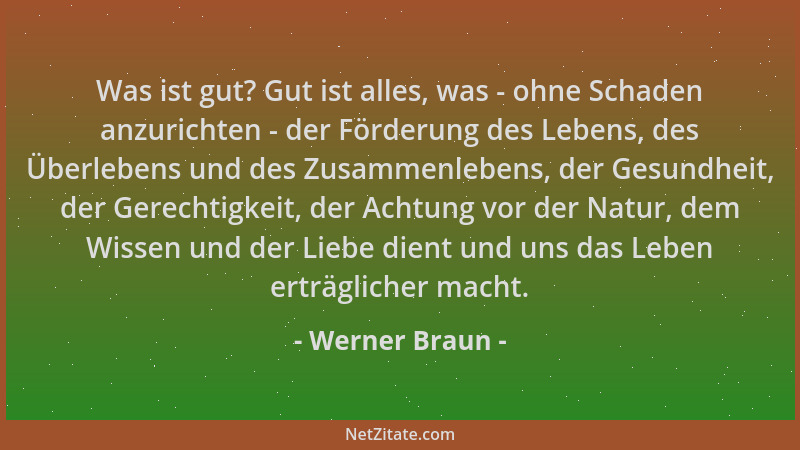 Werner Braun - Was ist gut? Gut ist alles, was - ohne Schaden anzurichten - der Förderung des Lebens, des Überlebens und de...