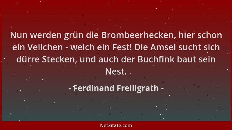 Ferdinand Freiligrath - Nun werden grün die Brombeerhecken, hier schon ein Veilchen - welch ein Fest! Die Amsel sucht sich...