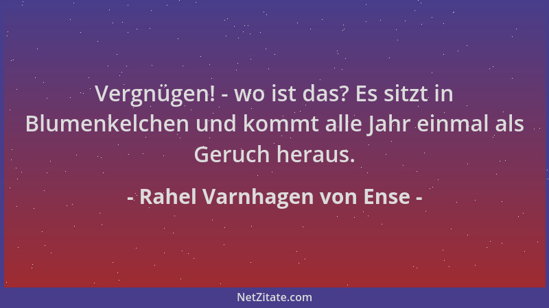 Rahel Varnhagen von Ense - Vergnügen! - wo ist das? Es sitzt in Blumenkelchen und kommt alle Jahr einmal als Geruch heraus....