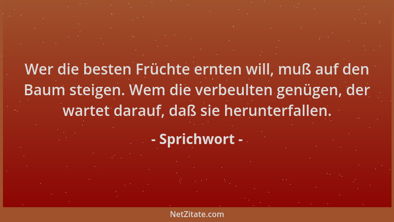 Sprichwort - Wer die besten Früchte ernten will, muß auf den Baum steigen. Wem die verbeulten genügen, der wartet darauf, d...