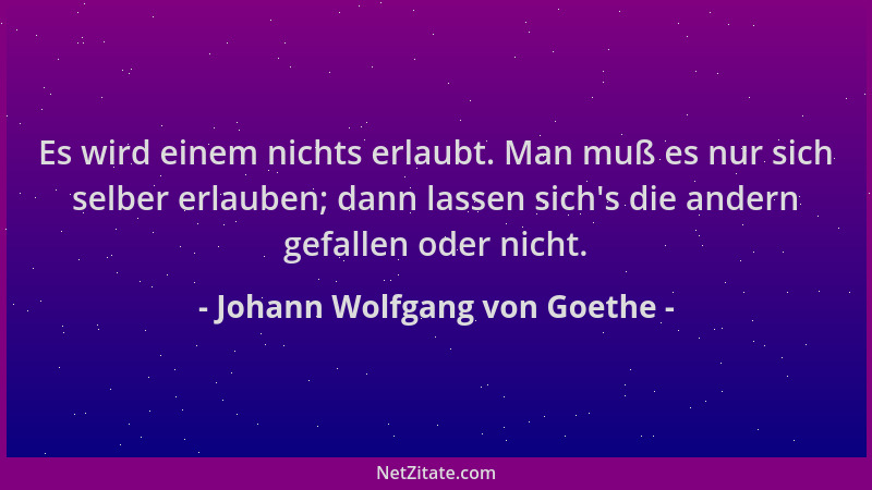 Johann Wolfgang von Goethe - Es wird einem nichts erlaubt. Man muß es nur sich selber erlauben; dann lassen sich 's die ande...
