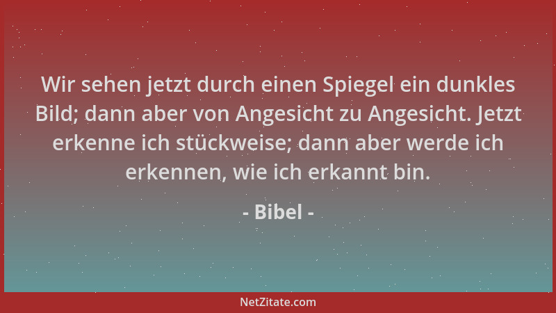 Bibel - Wir sehen jetzt durch einen Spiegel ein dunkles Bild; dann aber von Angesicht zu Angesicht. Jetzt erkenne ich stück...
