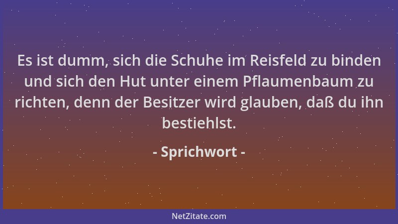 Sprichwort - Es ist dumm, sich die Schuhe im Reisfeld zu binden und sich den Hut unter einem Pflaumenbaum zu richten, denn...