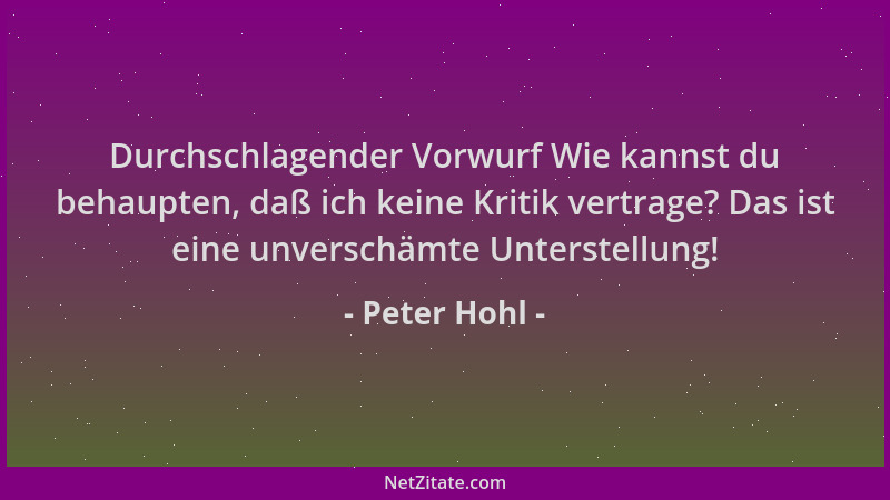 Peter Hohl - Durchschlagender Vorwurf Wie kannst du behaupten, daß ich keine Kritik vertrage? Das ist eine unverschämte Unt...