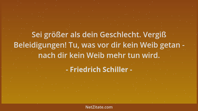 Friedrich Schiller - Sei größer als dein Geschlecht. Vergiß Beleidigungen! Tu, was vor dir kein Weib getan - nach dir kein...