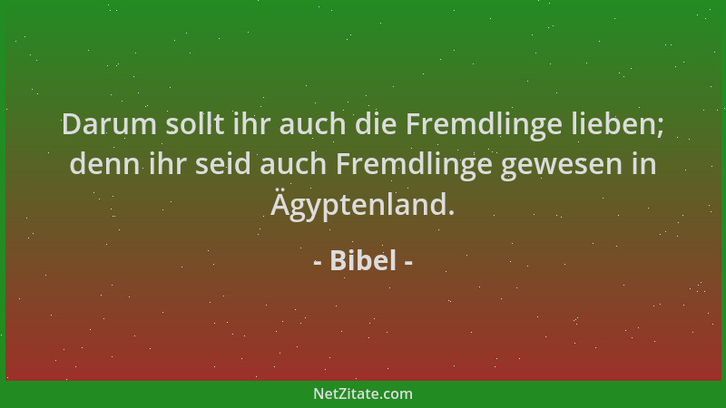 Bibel - Darum sollt ihr auch die Fremdlinge lieben; denn ihr seid auch Fremdlinge gewesen in Ägyptenland....