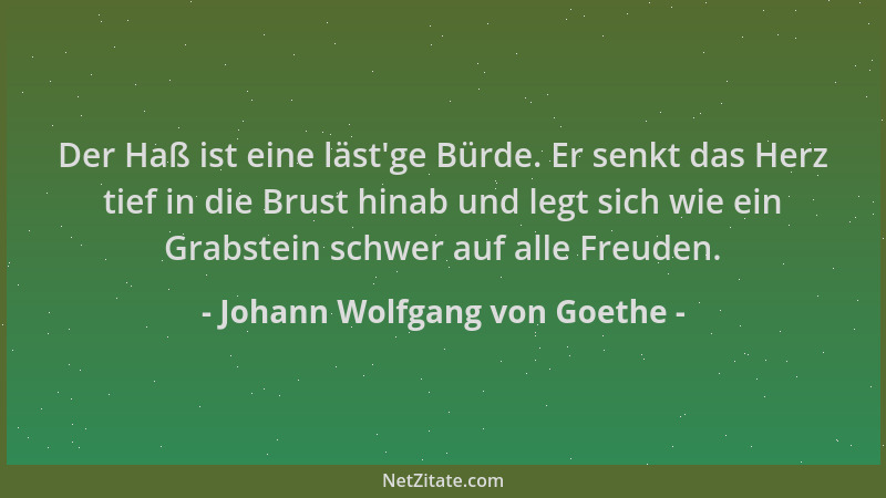 Johann Wolfgang von Goethe - Der Haß ist eine läst 'ge Bürde. Er senkt das Herz tief in die Brust hinab und legt sich wie ei...