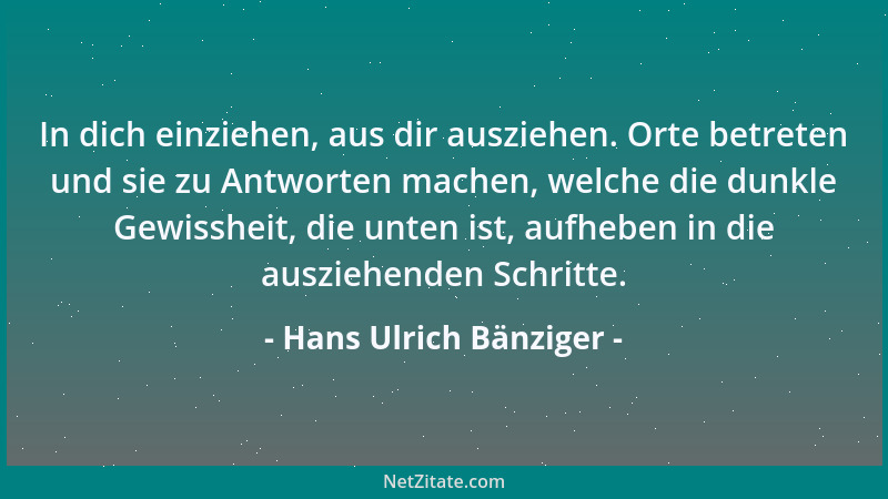 Hans Ulrich Bänziger - In dich einziehen, aus dir ausziehen. Orte betreten und sie zu Antworten machen, welche die dunkle G...