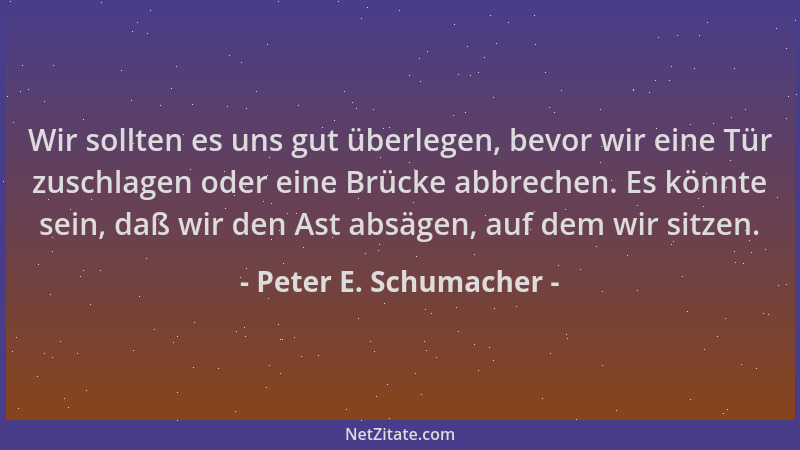 Peter E. Schumacher - Wir sollten es uns gut überlegen, bevor wir eine Tür zuschlagen oder eine Brücke abbrechen. Es könnte...