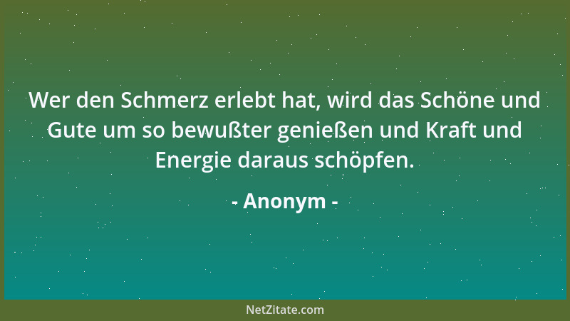 Anonym - Wer den Schmerz erlebt hat, wird das Schöne und Gute um so bewußter genießen und Kraft und Energie daraus schöpfen...