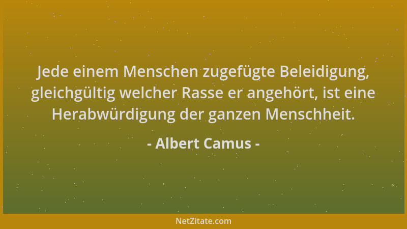 Albert Camus - Jede einem Menschen zugefügte Beleidigung, gleichgültig welcher Rasse er angehört, ist eine Herabwürdigung d...