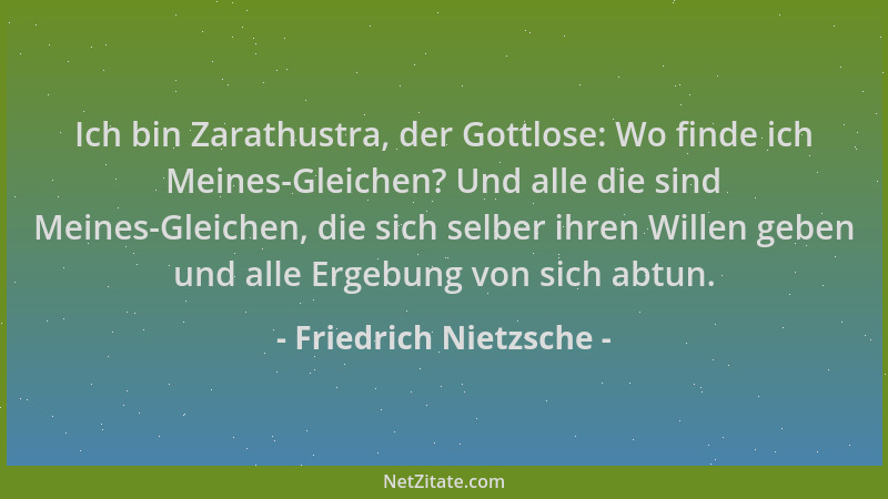 Friedrich Nietzsche - Ich bin Zarathustra, der Gottlose: Wo finde ich Meines-Gleichen? Und alle die sind Meines-Gleichen, d...