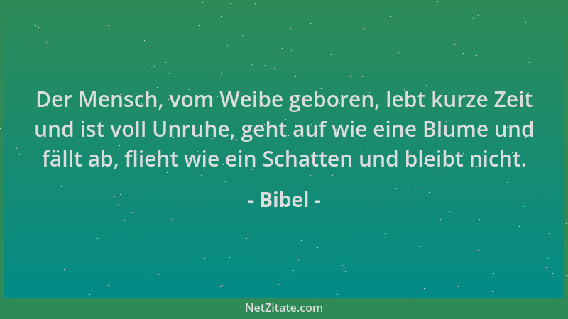 Bibel - Der Mensch, vom Weibe geboren, lebt kurze Zeit und ist voll Unruhe, geht auf wie eine Blume und fällt ab, flieht wi...