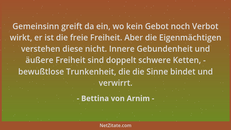 Bettina von Arnim - Gemeinsinn greift da ein, wo kein Gebot noch Verbot wirkt, er ist die freie Freiheit. Aber die Eigenmäc...
