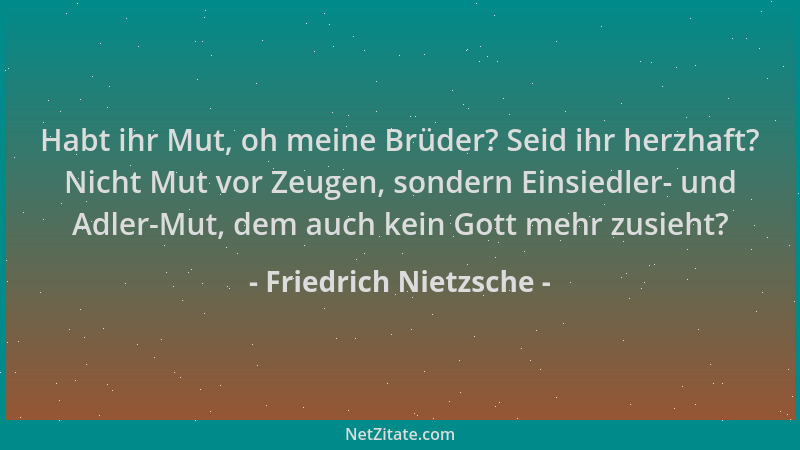 Friedrich Nietzsche - Habt ihr Mut, oh meine Brüder? Seid ihr herzhaft? Nicht Mut vor Zeugen, sondern Einsiedler- und Adler...