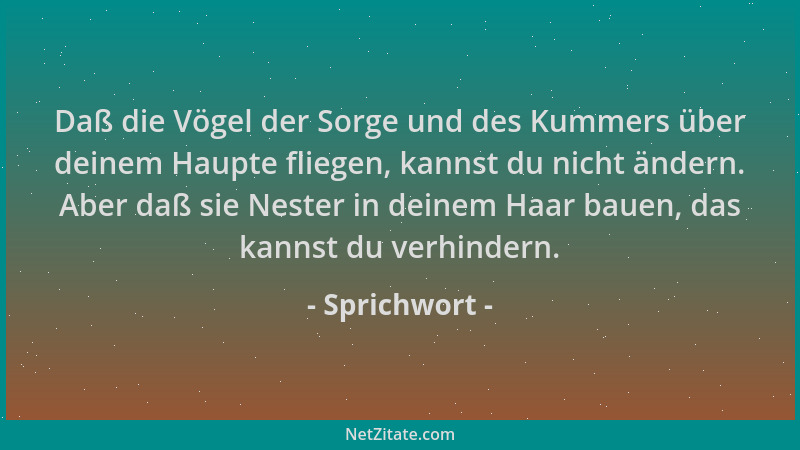 Sprichwort - Daß die Vögel der Sorge und des Kummers über deinem Haupte fliegen, kannst du nicht ändern. Aber daß sie Neste...