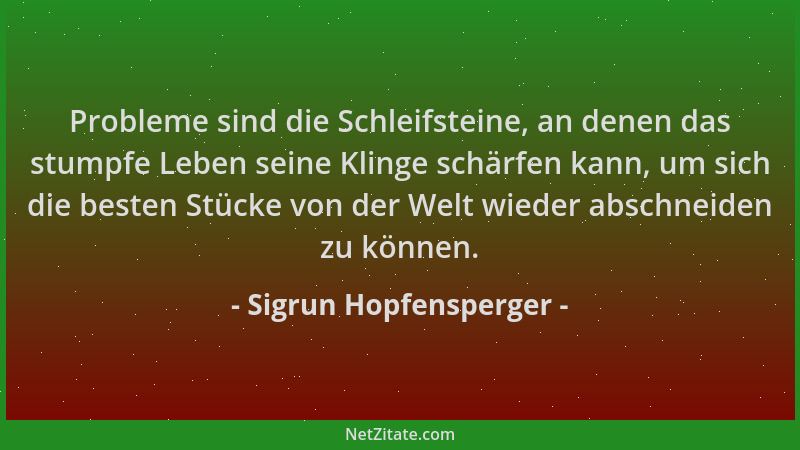 Sigrun Hopfensperger - Probleme sind die Schleifsteine, an denen das stumpfe Leben seine Klinge schärfen kann, um sich die...