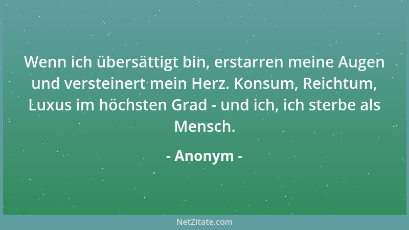 Anonym - Wenn ich übersättigt bin, erstarren meine Augen und versteinert mein Herz. Konsum, Reichtum, Luxus im höchsten Gra...
