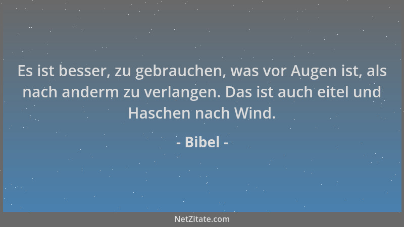 Bibel - Es ist besser, zu gebrauchen, was vor Augen ist, als nach anderm zu verlangen. Das ist auch eitel und Haschen nach...