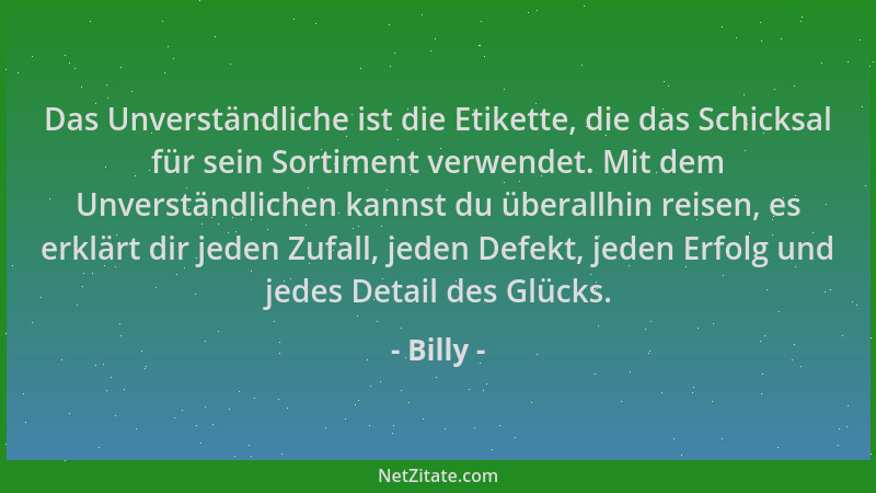 Billy - Das Unverständliche ist die Etikette, die das Schicksal für sein Sortiment verwendet. Mit dem Unverständlichen kann...