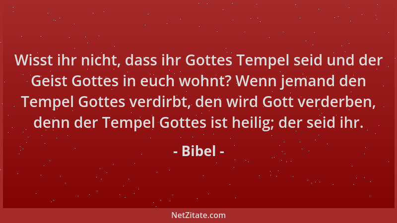 Bibel - Wisst ihr nicht, dass ihr Gottes Tempel seid und der Geist Gottes in euch wohnt? Wenn jemand den Tempel Gottes verd...