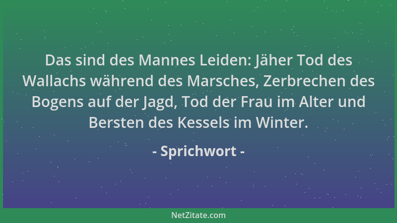Sprichwort - Das sind des Mannes Leiden: Jäher Tod des Wallachs während des Marsches, Zerbrechen des Bogens auf der Jagd, T...
