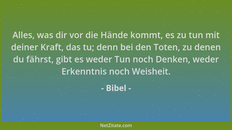 Bibel - Alles, was dir vor die Hände kommt, es zu tun mit deiner Kraft, das tu; denn bei den Toten, zu denen du fährst, gib...
