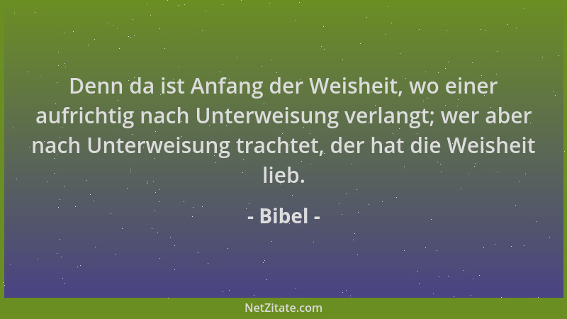 Bibel - Denn da ist Anfang der Weisheit, wo einer aufrichtig nach Unterweisung verlangt; wer aber nach Unterweisung trachte...