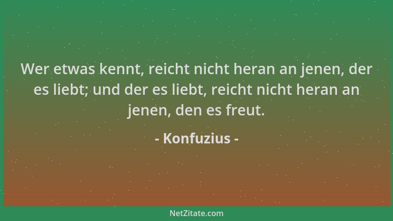 Konfuzius - Wer etwas kennt, reicht nicht heran an jenen, der es liebt; und der es liebt, reicht nicht heran an jenen, den...