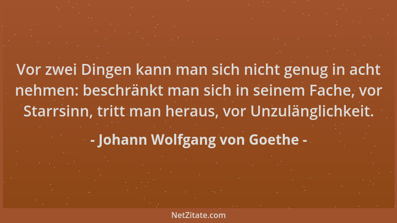 Johann Wolfgang von Goethe - Vor zwei Dingen kann man sich nicht genug in acht nehmen: beschränkt man sich in seinem Fache,...