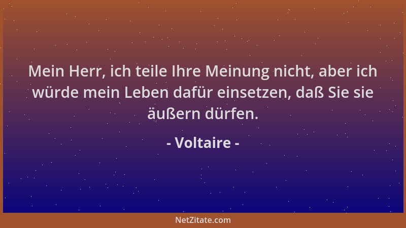 Voltaire - Mein Herr, ich teile Ihre Meinung nicht, aber ich würde mein Leben dafür einsetzen, daß Sie sie äußern dürfen....