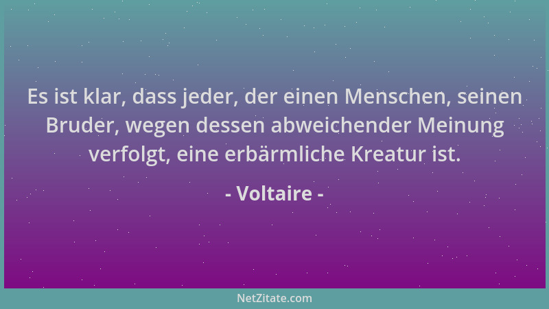 Voltaire - Es ist klar, dass jeder, der einen Menschen, seinen Bruder, wegen dessen abweichender Meinung verfolgt, eine erb...