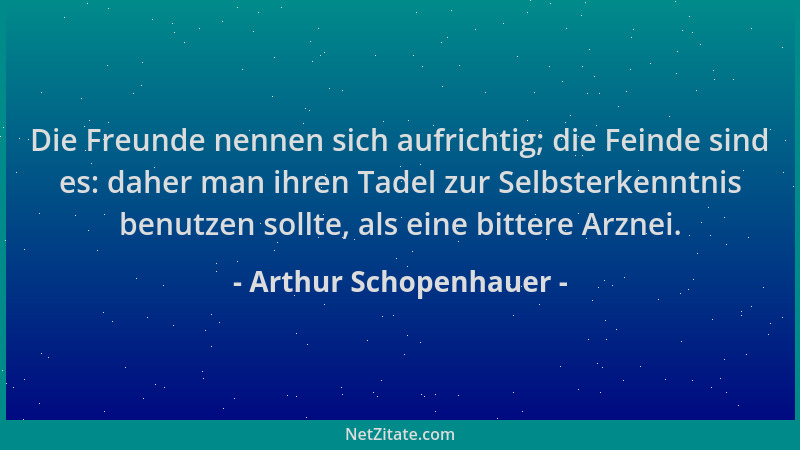 Arthur Schopenhauer - Die Freunde nennen sich aufrichtig; die Feinde sind es: daher man ihren Tadel zur Selbsterkenntnis be...
