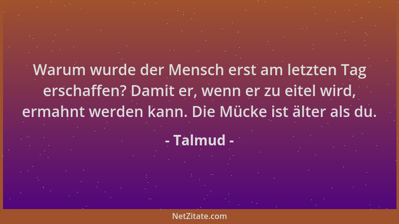 Talmud - Warum wurde der Mensch erst am letzten Tag erschaffen? Damit er, wenn er zu eitel wird, ermahnt werden kann. Die M...