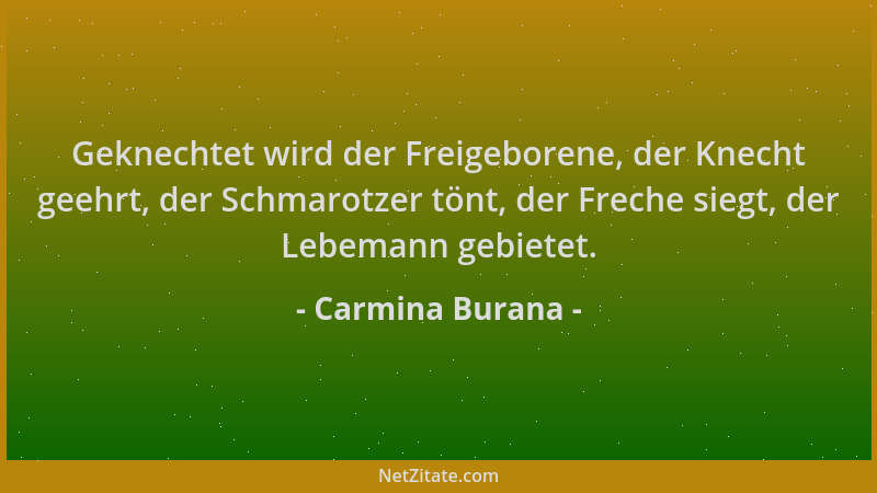 Carmina Burana - Geknechtet wird der Freigeborene, der Knecht geehrt, der Schmarotzer tönt, der Freche siegt, der Lebemann...