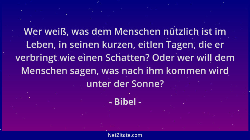 Bibel - Wer weiß, was dem Menschen nützlich ist im Leben, in seinen kurzen, eitlen Tagen, die er verbringt wie einen Schatt...