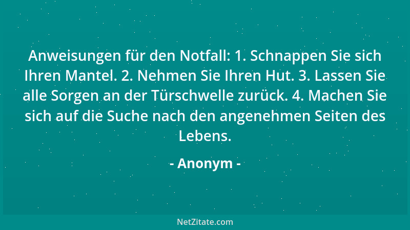 Anonym - Anweisungen für den Notfall: 1. Schnappen Sie sich Ihren Mantel. 2. Nehmen Sie Ihren Hut. 3. Lassen Sie alle Sorge...